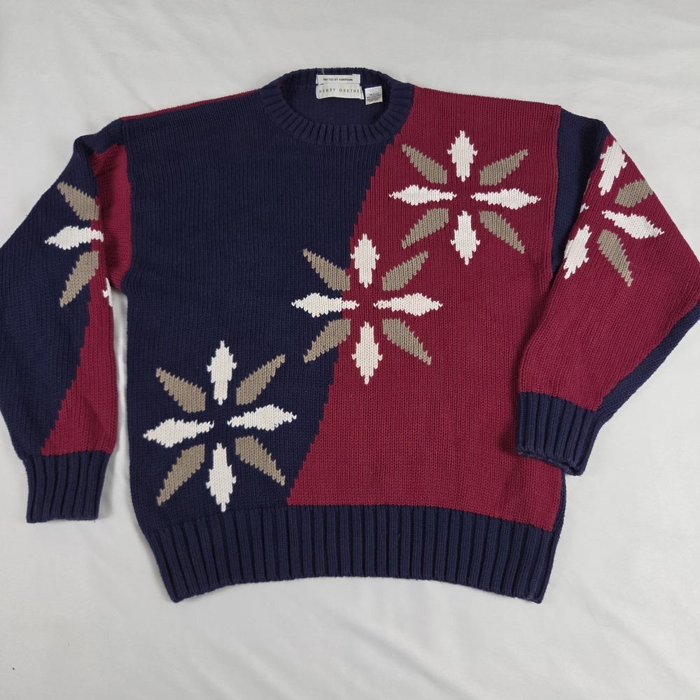 Vtg Henry Grethel Blue Red Knit Snowflake Ski Sweater Mens M